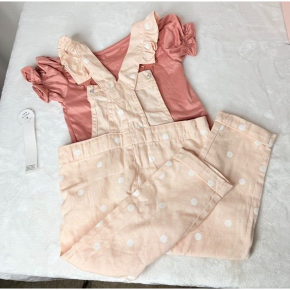 Tahari Girl 2T - Denim 2 PC Brand New Overalls Pink Polka Dot Ruffle Sleeve - Picture 2 of 13